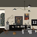 Modern Living Room Interior Design With Hanging Lights Decorative Paintings TV Coffee Table And Rug
