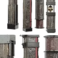 Varied Decorative Columns With Rustic Stone Metal Frames Red Accents And Spherical Details