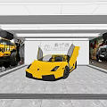 4S Store Showroom Displaying Golden Sports Car with Open Doors and Car Posters