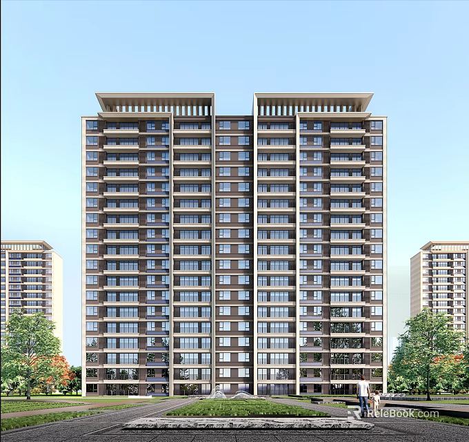 Modern High Rise Apartment Building With Balconies Windows And Green Plants 3d model 