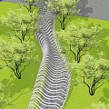 Garden Landscape With Wavy Blue White Archway Gravel Path And People Walking