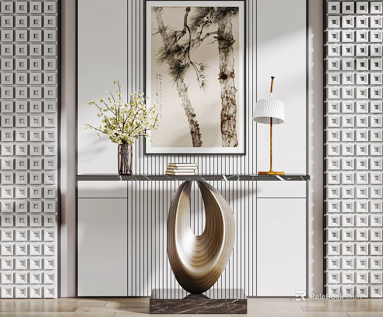 Modern Console Table Interior Design With Wall Art Vase Lamp And Textured Walls 3d model 