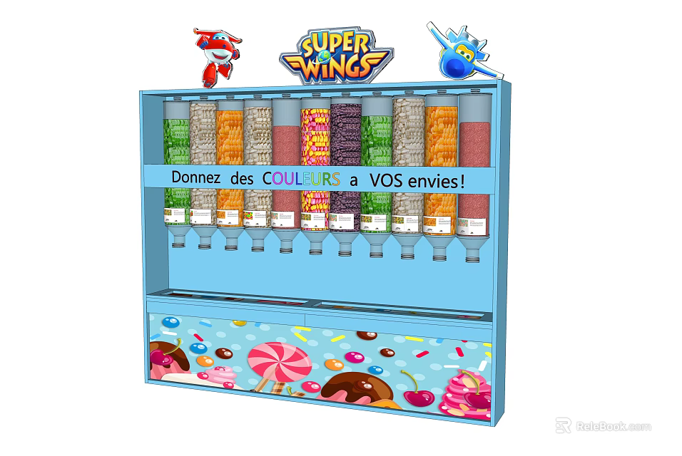 Blue Display Shelf Featuring Super Wings Logo Cartoon Characters Colorful Powders and Candy Patterns 3d model 