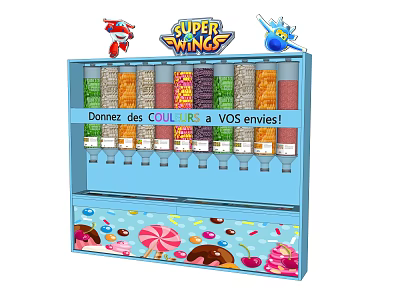 Blue Display Shelf Featuring Super Wings Logo Cartoon Characters Colorful Powders and Candy Patterns 3d model