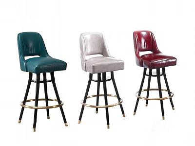 Modern Stylish Bar Stools With Green Light Gray Red Leather Seats Black Legs Gold Rings 3d model