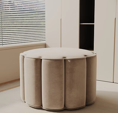 Round Modern Side Table With Button Tufted Beige Upholstered Top And Fluted Base 3d model