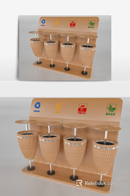 Public Facility Waste Sorting Bins With Brown Woven Containers And Recycling Signs 3d model 