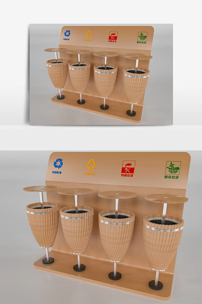 Public Facility Waste Sorting Bins With Brown Woven Containers And Recycling Signs 3d model