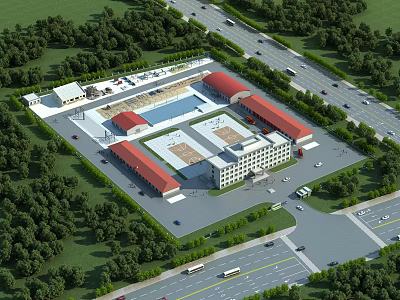Fire Station Building With Red Roofs And Surrounding Green Trees Near Roads 3d model