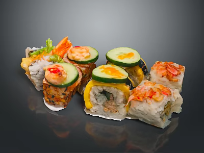 Assorted Delicious Sushi Rolls With Fresh Cucumber Avocado And Shrimp Toppings 3d model