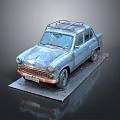 Rusty Vintage Old Car With Roof Rack And Weathered Exterior On Display Platform