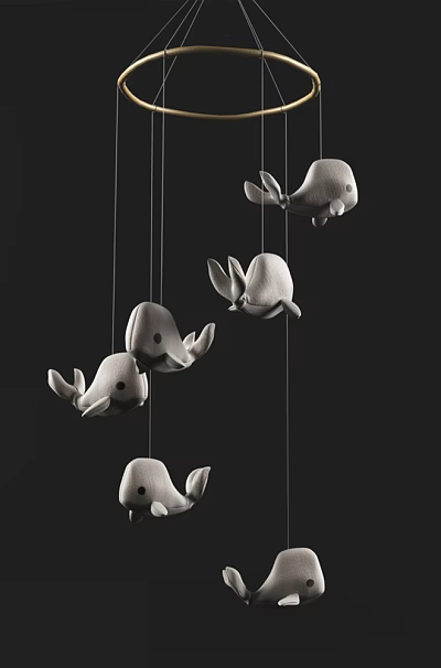 Cute Animal Shaped White Hanging Mobile With Gold Ring For Home Decoration 3d model