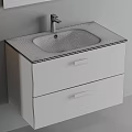 Wooden Bathroom Vanity With White Countertop Large Mirror And Tall Cabinet