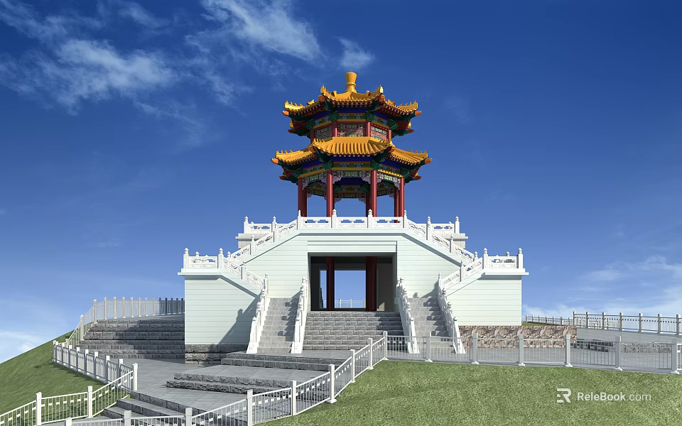 Traditional Chinese Pavilion With Yellow Roof Multi Tiered White Railings Stone Steps On Green Grass 3d model 