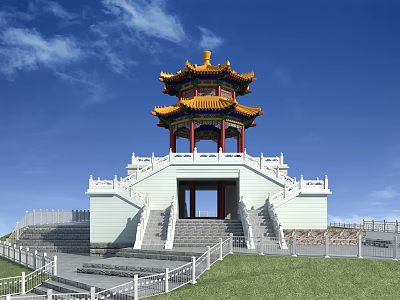 Traditional Chinese Pavilion With Yellow Roof Multi Tiered White Railings Stone Steps On Green Grass 3d model
