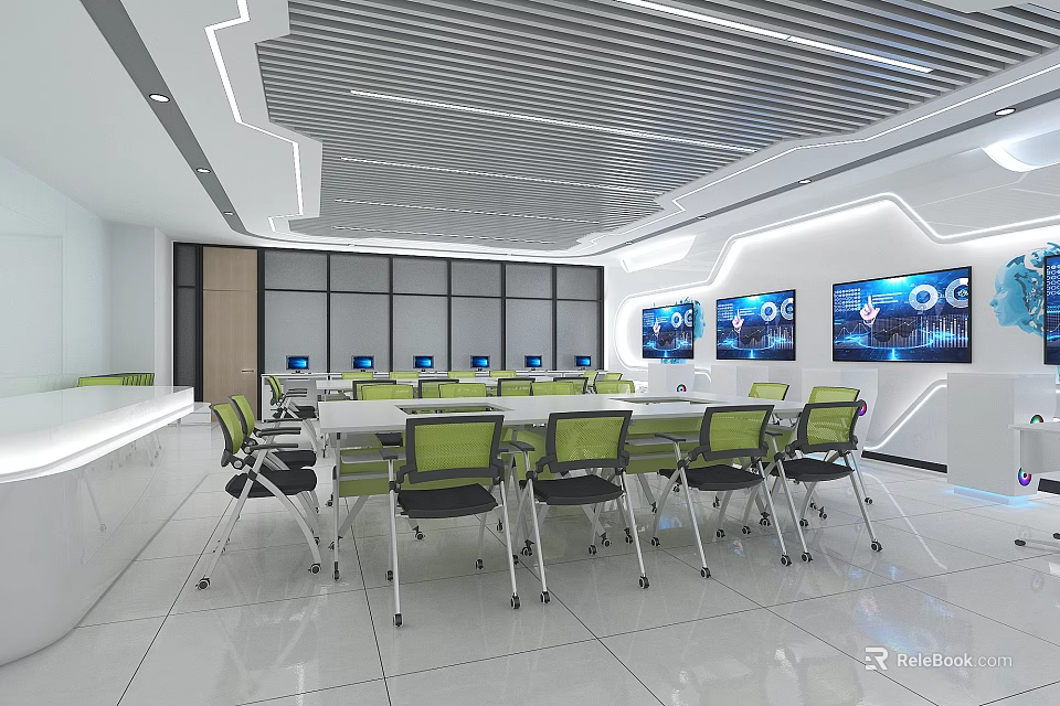 Modern Laboratory Interior With Spacious Workbench Green Chairs And Digital Displays 3d model