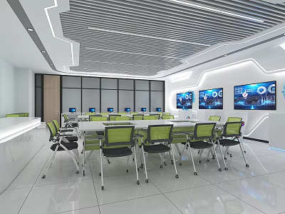 Modern Laboratory Interior With Spacious Workbench Green Chairs And Digital Displays 3d model