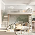 Cozy Kids Room With Bunk Bed Staircase Cloud Mountain Mural And Stuffed Toys