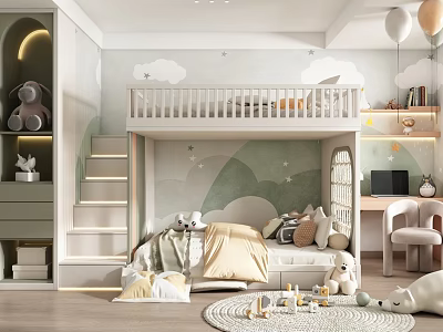 Cozy Kids Room With Bunk Bed Staircase Cloud Mountain Mural And Stuffed Toys 3d model