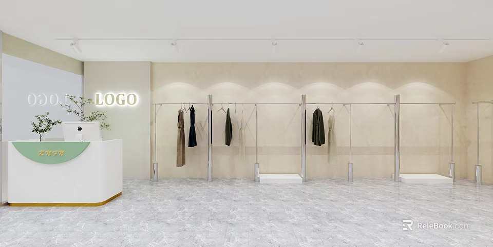 Clothing Store Display Area With Hangers Clothes White Reception Desk Light Colored Walls Marble Floor 3d model 