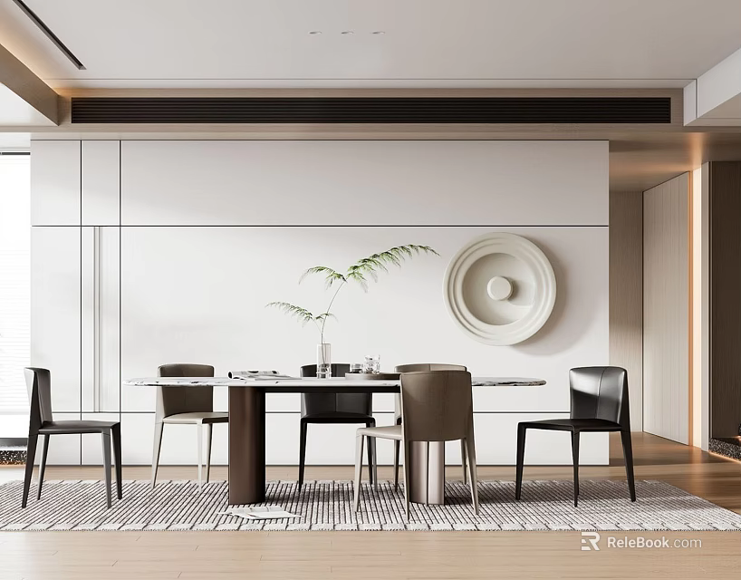 Modern Restaurant Interior With Dining Table Chairs Round Wall Decor And Green Plant 3d model 