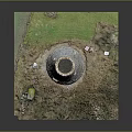 Cartoon Scene with Conical Stone Tower Small Windows Grass and Stones on Base Platform