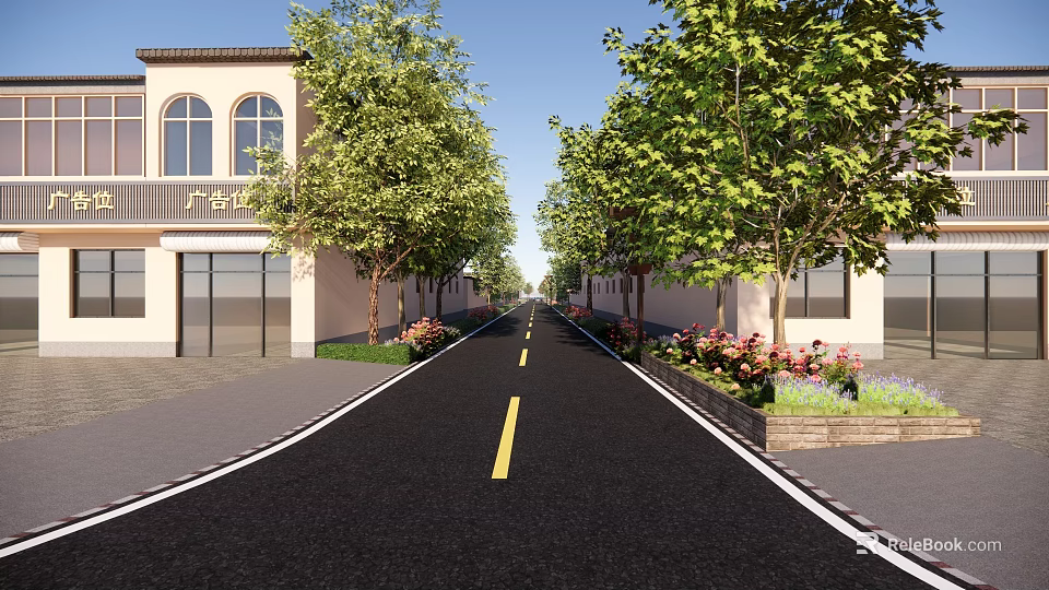 Residential Street With Tree Lined Sides Flower Beds And White Buildings Under Blue Sky 3d model 