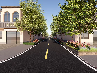 Residential Street With Tree Lined Sides Flower Beds And White Buildings Under Blue Sky 3d model