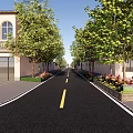 Residential Street With Tree Lined Sides Flower Beds And White Buildings Under Blue Sky