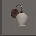 Elegant Golden Metal Wall Light with Wooden Base and White Petal Lampshade on Gray Wall