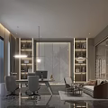 Modern Office Interior Design With Work Desk Sofa Bookshelf And Hanging Lights 3d model
