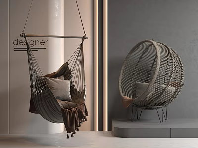 Hanging and Floor Standing Rattan Hammock Chairs with Pillow and Blanket in Modern Interior 3d model