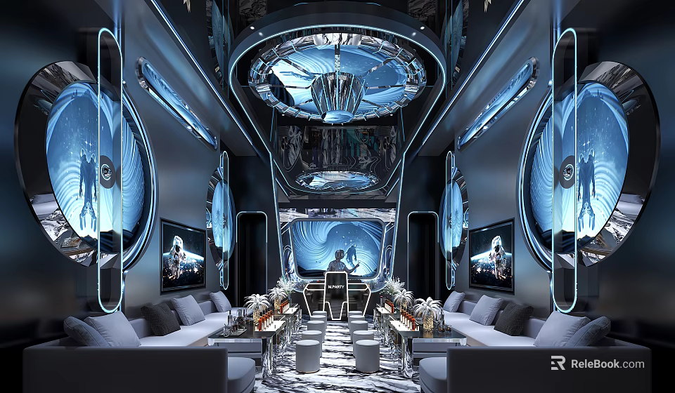 Modern Luxury KTV Interior With Lighting Sofa Big Screen And Crystal Chandelier 3d model 
