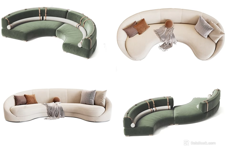 Modern Irregular Shaped Sofa Designs in Green and Beige with Pillows and Blankets 3d model 