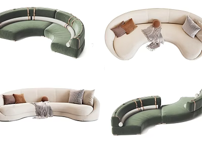 Modern Irregular Shaped Sofa Designs in Green and Beige with Pillows and Blankets 3d model