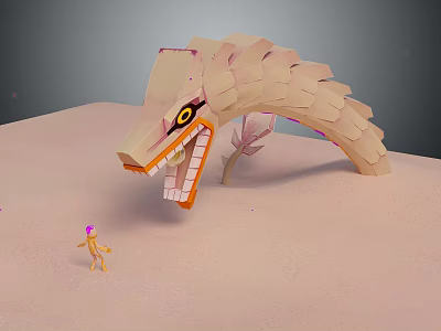 Small Orange Figure With Purple Hair Near Giant Beige Dragon Creature On Sandy Ground 3d model