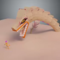 Small Orange Figure With Purple Hair Near Giant Beige Dragon Creature On Sandy Ground