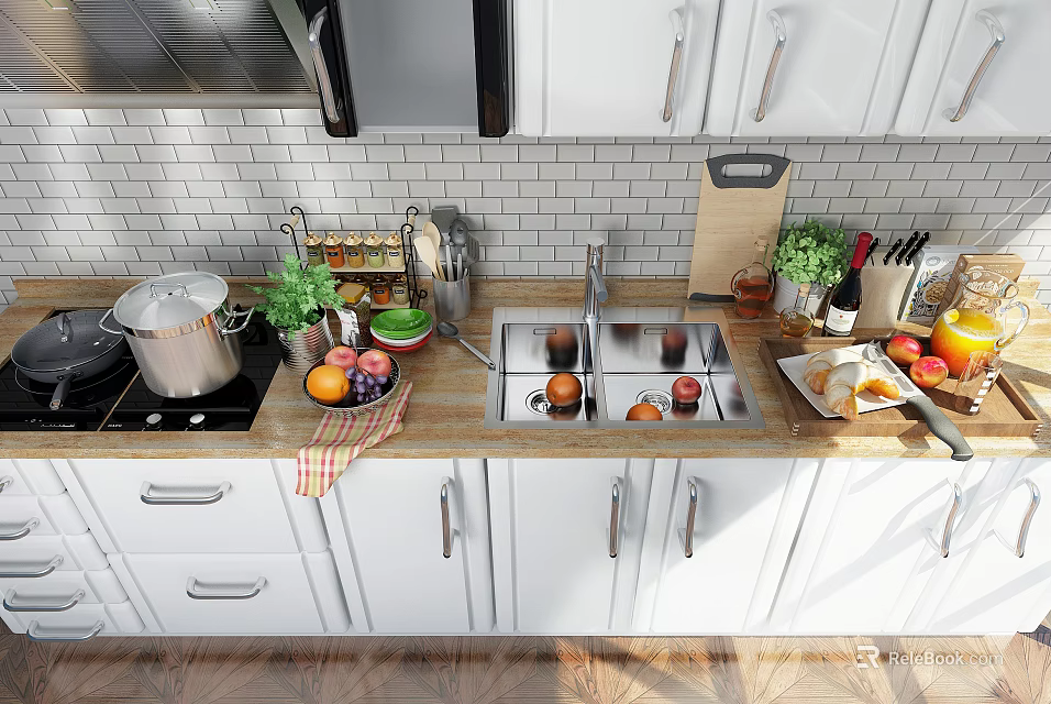 White Kitchen Cabinets With Wooden Countertop Sink Kitchen Utensils And Fresh Fruits 3d model 
