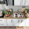 White Kitchen Cabinets With Wooden Countertop Sink Kitchen Utensils And Fresh Fruits