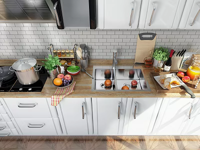 White Kitchen Cabinets With Wooden Countertop Sink Kitchen Utensils And Fresh Fruits 3d model