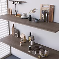 Modern Kitchen Wooden Shelves Displaying Spice Bottles Bowls And Cutting Board