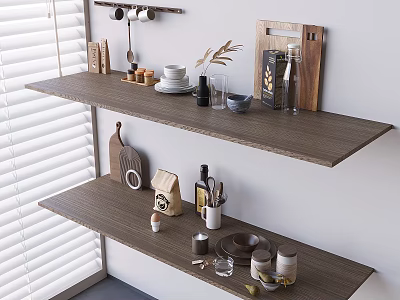 Modern Kitchen Wooden Shelves Displaying Spice Bottles Bowls And Cutting Board 3d model