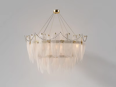 Elegant Modern Feather Chandelier With Gold Chain Beads And Soft Illumination Design 3d model