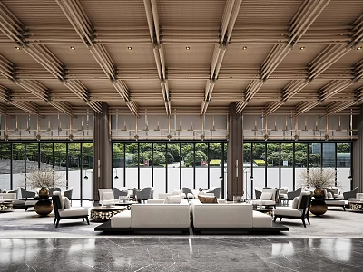 Spacious Lobby Interior With Wooden Ceiling Large Windows Green Landscape Sofas Chairs And Marble Floor 3d model