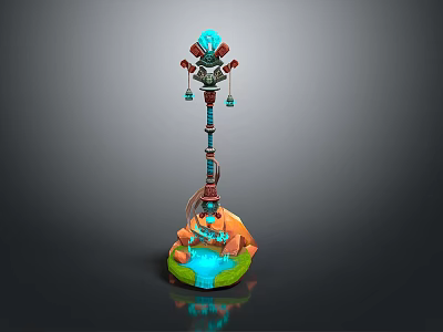 3D Model Fantasy Weapon With Blue Glowing Top Red Black Structure And Green Blue Base 3d model