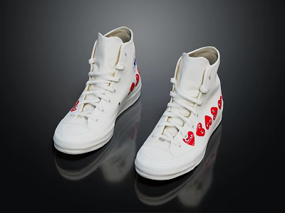 White High Top Casual Shoes With Red Heart Patterns On Side For Fashion Look 3d model