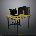 Yellow Desk Workstation With Computer Monitor Tower Keyboard Mouse And Black Chair