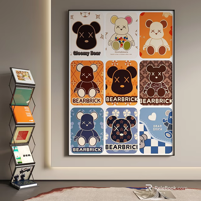 Abstract Painting With Colorful BEARBRICK Doll Patterns And Diverse Designs In Grid Layout 3d model 