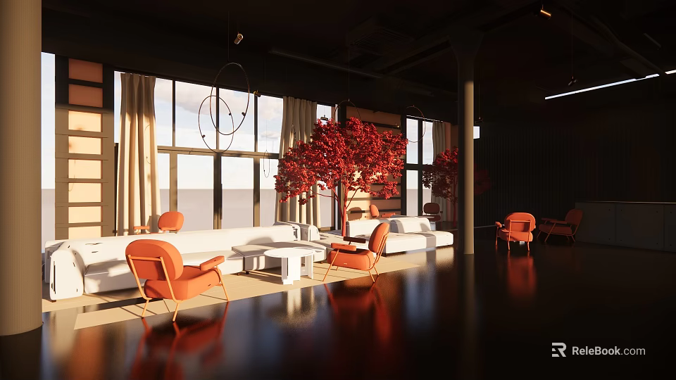 Modern Hotel Lobby Interior With Orange Chairs White Sofas And Red Decorative Tree 3d model