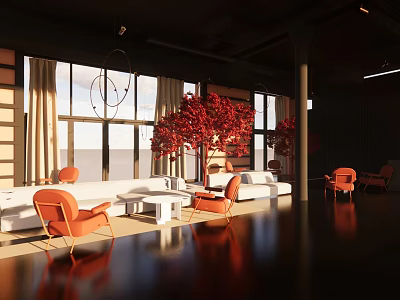 Modern Hotel Lobby Interior With Orange Chairs White Sofas And Red Decorative Tree 3d model
